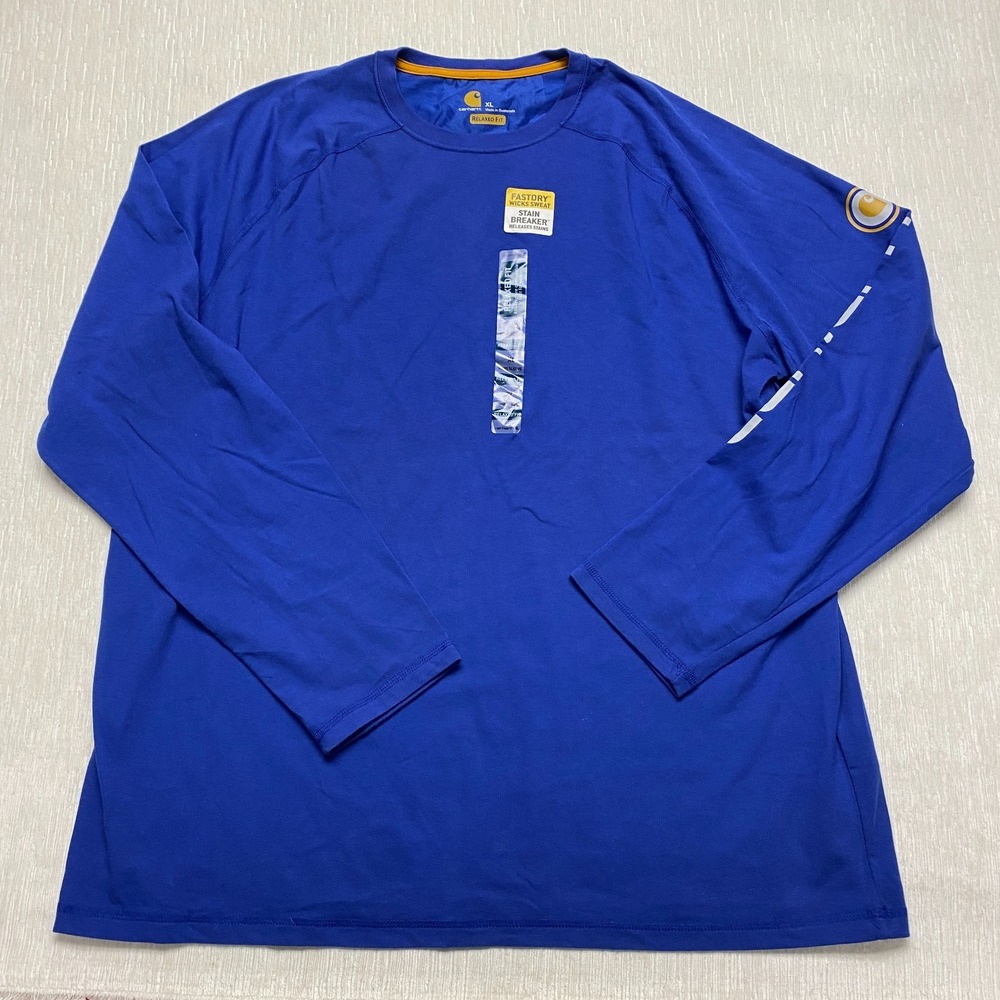 Carhartt Force T-Shirt Spellout Sleeve Men XL Blue Cotton Fast Dry Relaxed Fit